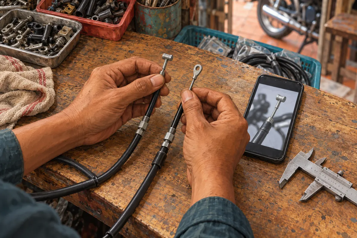 Illustration of hands comparing two different cable fittings with a product photograph on a phone.