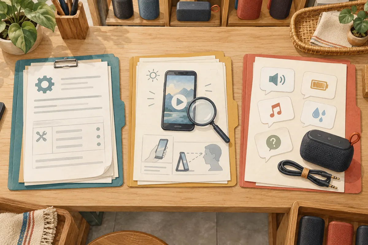 Three separate folders illustrate service records, phone viewing tests and customer questions about a portable speaker.