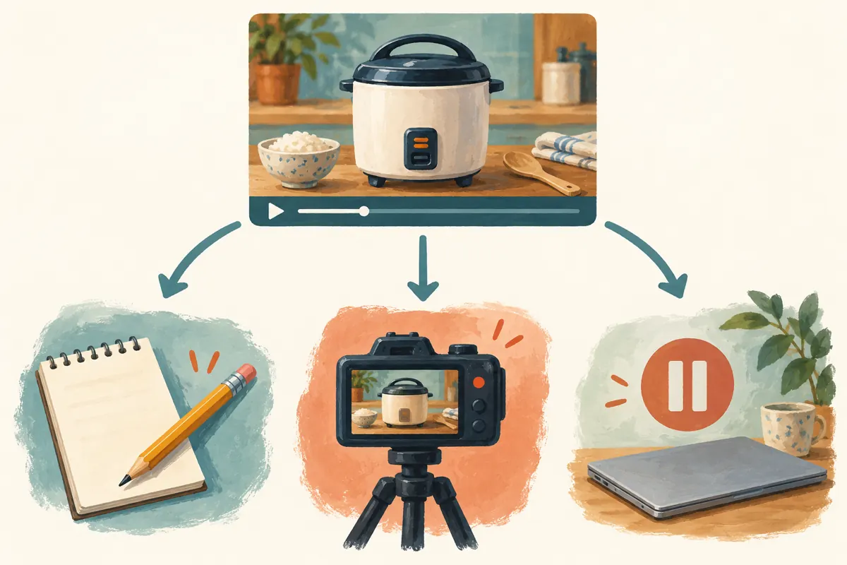 Illustrated rice-cooker video branching toward a correction note, a new recording and a pause symbol.