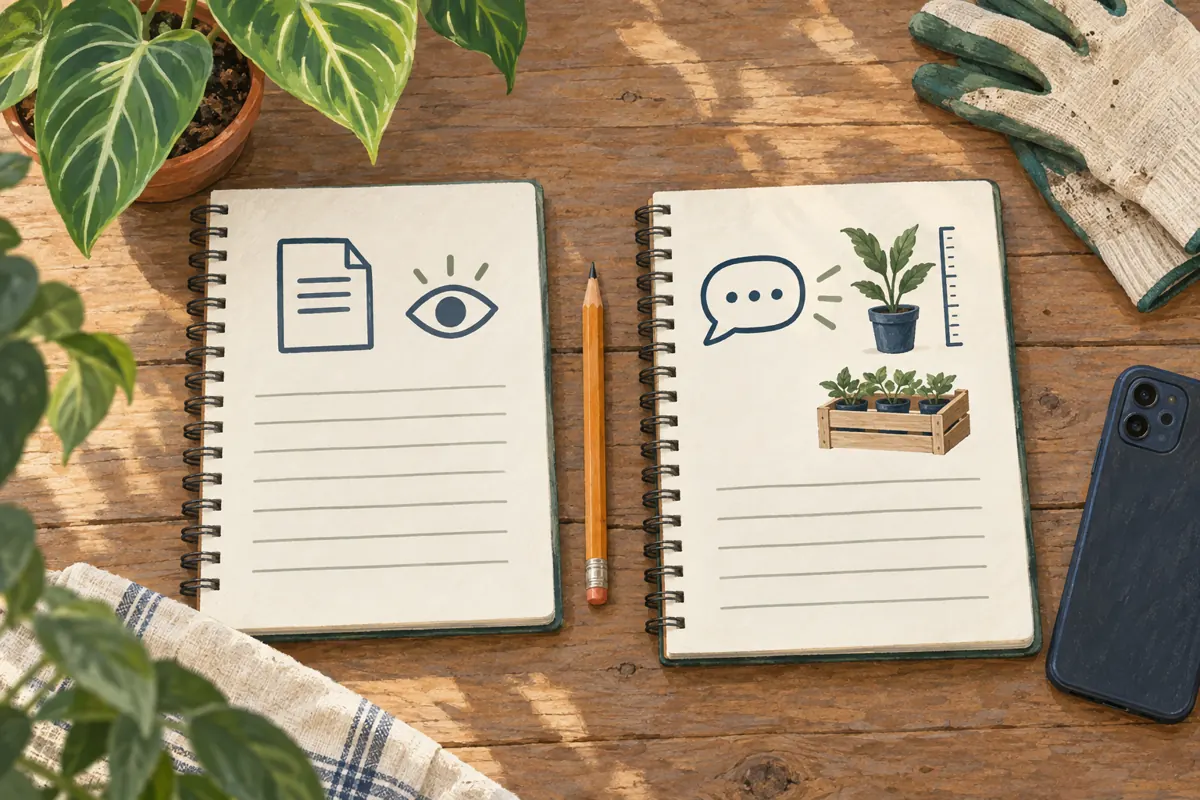 Two separate notebooks show symbols for promotion records and customer questions on a nursery worktable.