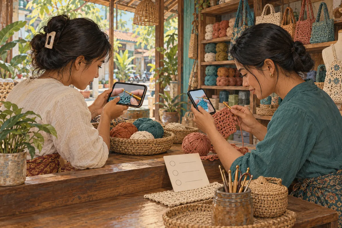 Illustration of two Cambodian shop colleagues checking crochet demonstrations on separate phones against real yarn and a practice swatch.