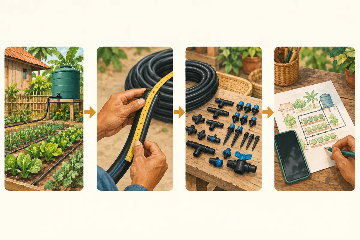 Four illustrated stages showing a garden, hose measurement, irrigation fittings and preparation for an enquiry.