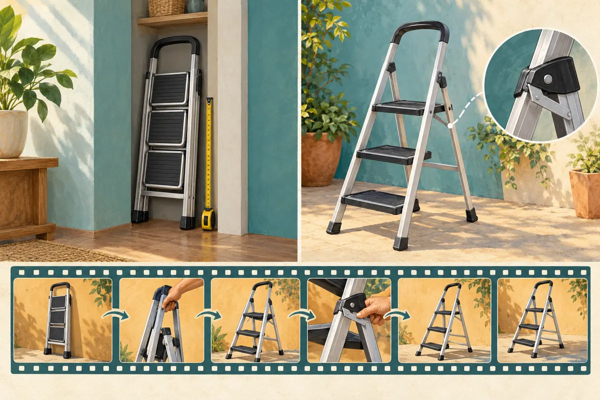 Conceptual illustration comparing a folded stepladder in a storage alcove with an opened ladder and hinge detail.
