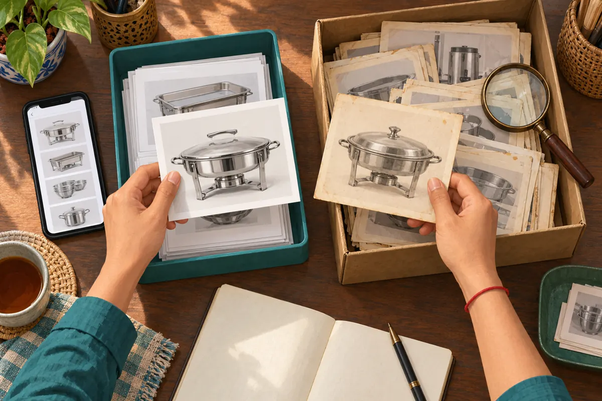 Overhead illustration of hands comparing current serving-dish photographs with older catalogue cards beside a phone.