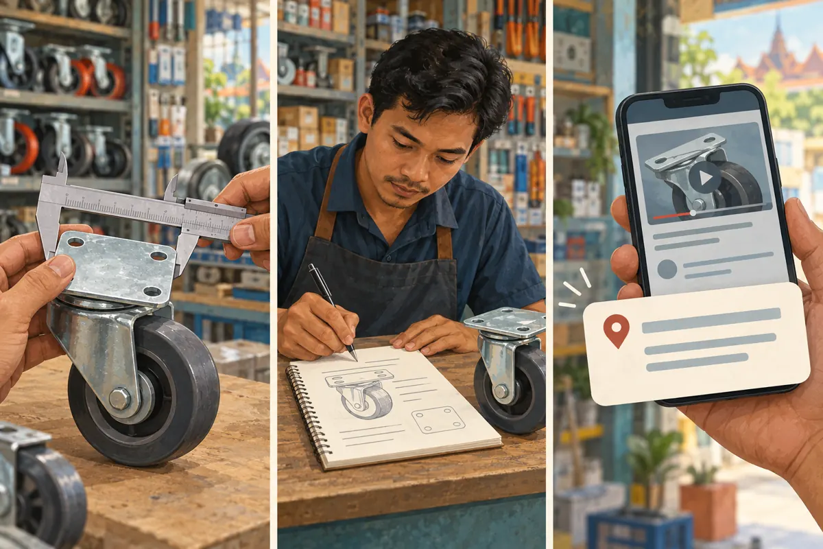 Three illustrated stages showing a mounting plate check, preparation of a note and a highlighted comment on a conceptual phone screen.