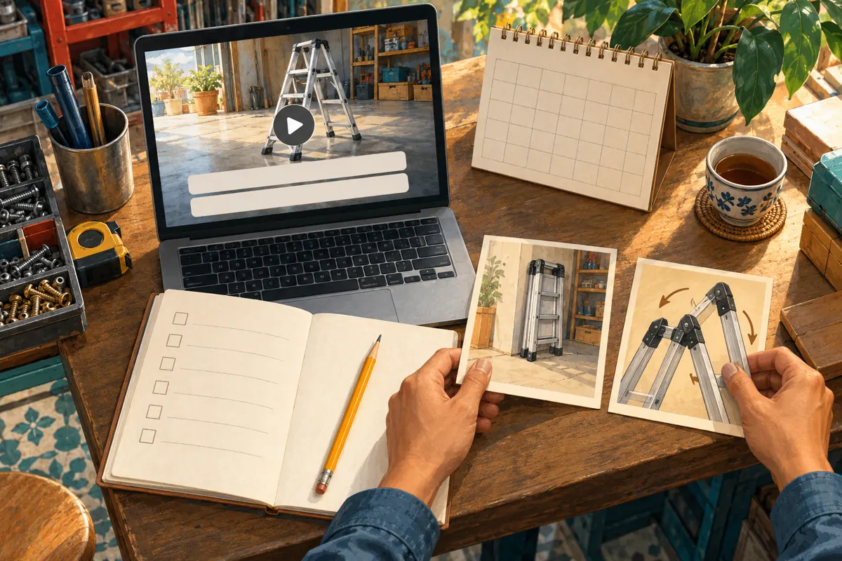 Overhead illustrated desk with a ladder video, blank title bars, preparation checklist and two storyboard cards.