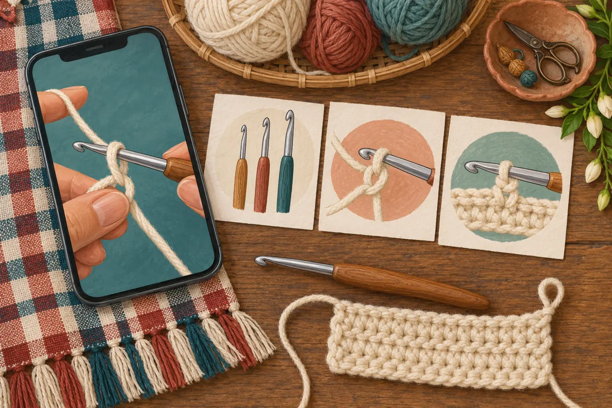 Overhead illustration of crochet tools, a phone demonstration and three storyboard cards beside a woven cloth.